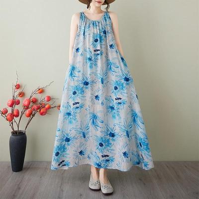 Bez rękawów Plus rozmiar bawełniana, vintage, w kwiaty, nowość w sukienkach dla kobiet, luźna, długa letnia sukienka