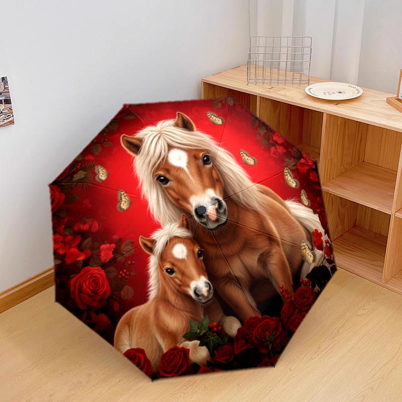 1 PC Automatic Folding Umbrella - Red Rose Horse Pattern, Portable & Foldable Design with 8 Ribs, Christmas Birthday Gifts