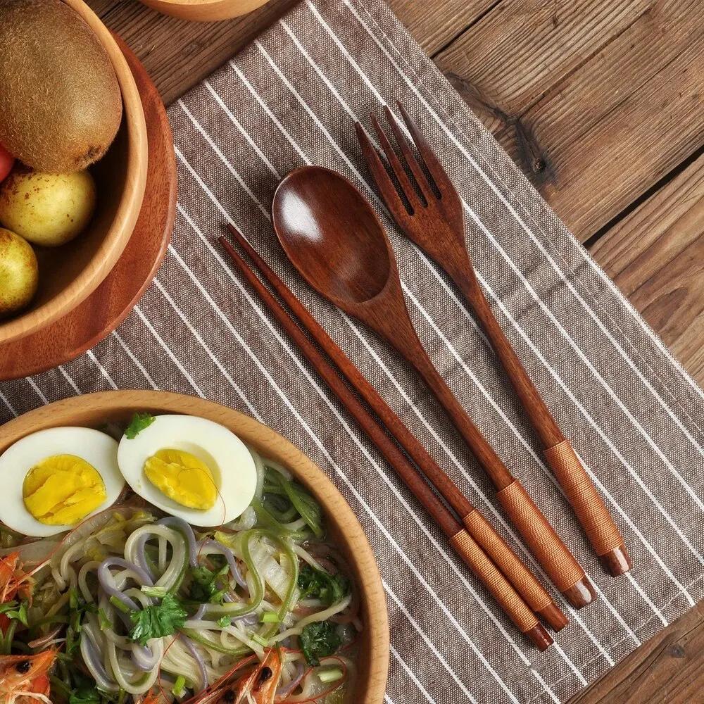 WIKHOSTAR Vaisselle en bois naturel, 3 pièces, cuillère, baguettes, fourchette, vaisselle Portable