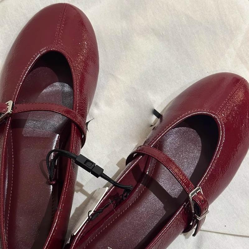 Sheepskin Version~ Za Mary Jane Shoes Women's Leather One-word Buckle with Shallow Mouth Single Shoes Flat-bottomed Versatile Small Red Shoes Work