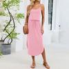 Women's Fashionable Summer Vacation Color Round Neck Sleeveless Suspender Hem Slit Dress