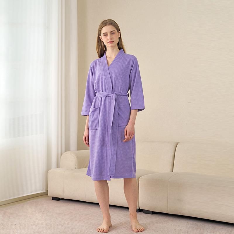 Women's Plus Size Quick-Dry Black Waffle Bathrobe with Three-Quarter Sleeves - Summer Thin