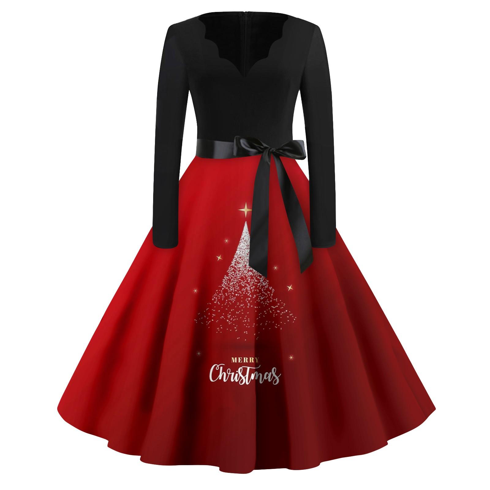 

Женская мода винтаж с длинным рукавом и V-образным вырезом с рождественским принтом вечерние платья платья XXXXXL винный