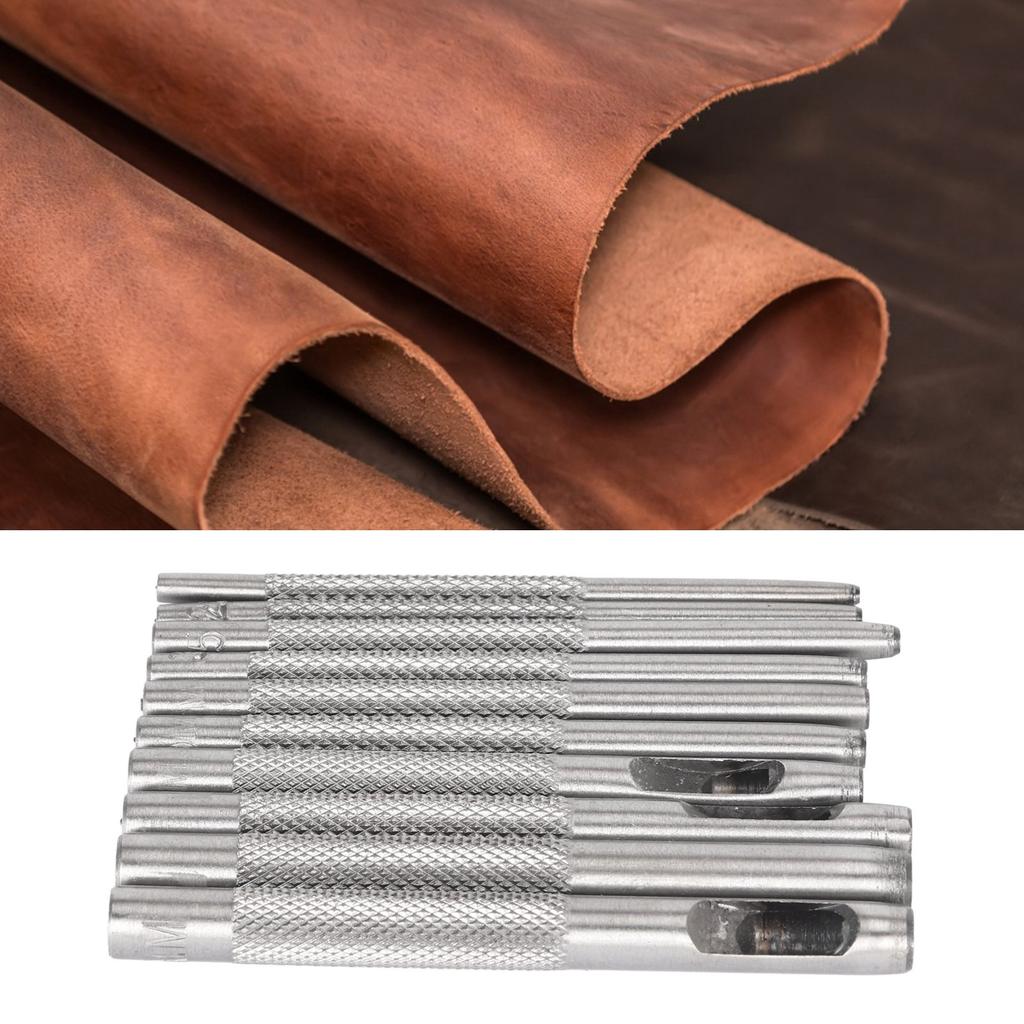 10Pcs Steel Hollow Leather Punch Set Heavy Duty Round Hole Tool for Watch Cloth Belt Gaskets with Storage Bag