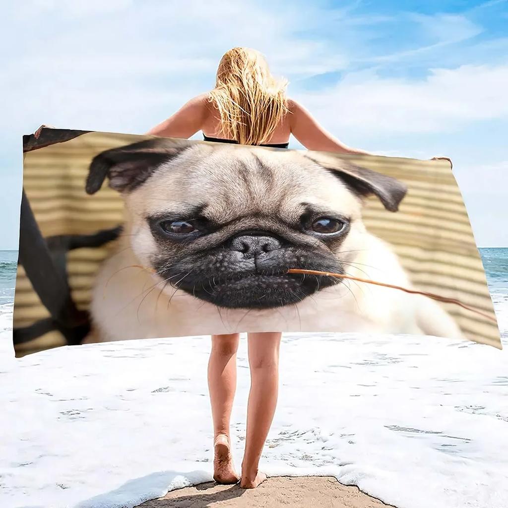 Microfiber Lightweight Thin Beach Towels for Adult and Kid Compact Personalized Sand Free Swim Pool Blanket Pug-dog puppy Print