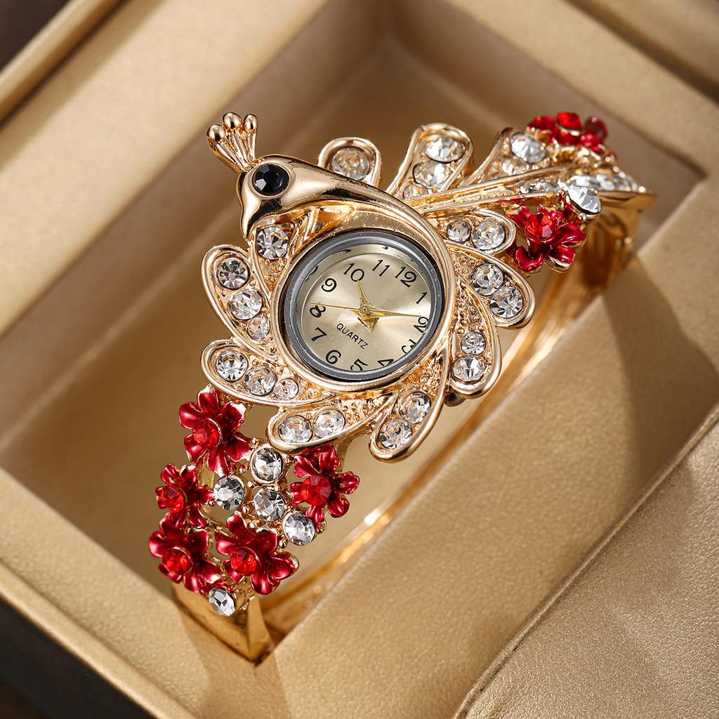 Ladies Peacock Stone Quartz Watch With Hollow Flower Alloy Bracelet For Fashion Accessory