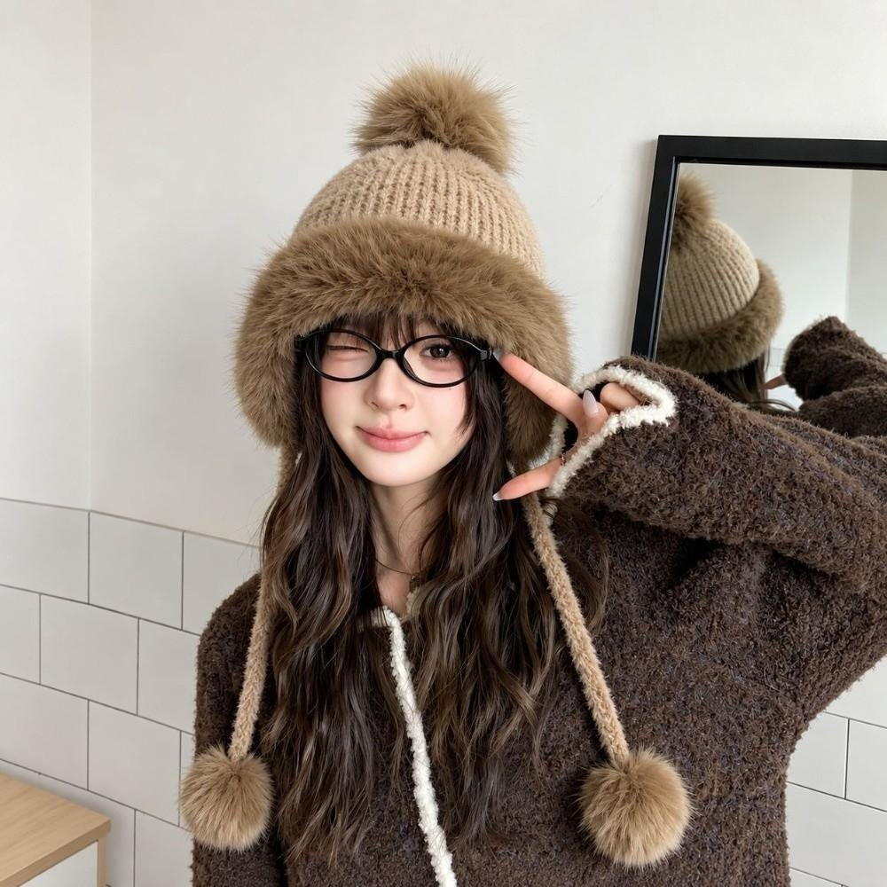 Polyester Faux Fur Hat Thick Warm Winter Knitted Hat Cozy Fair Isle Trapper Hat For Women