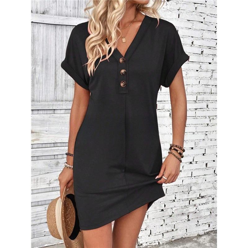 Fashion All-match Buckle V-neck One-shoulder Roll-sleeved Solid Color Dress