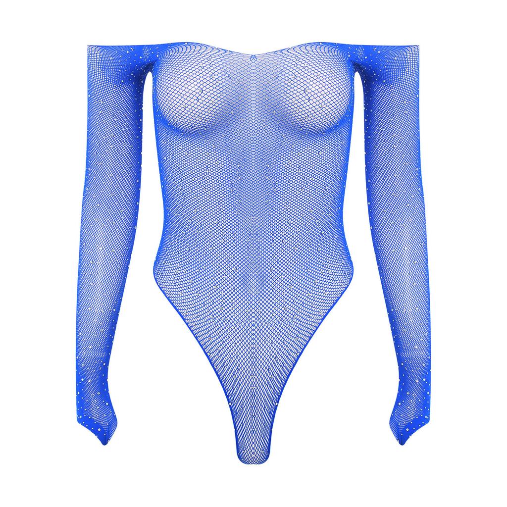 Damen glänzender Strassnetz-Off-Shoulder-Body mit langen Ärmeln, dehnbar