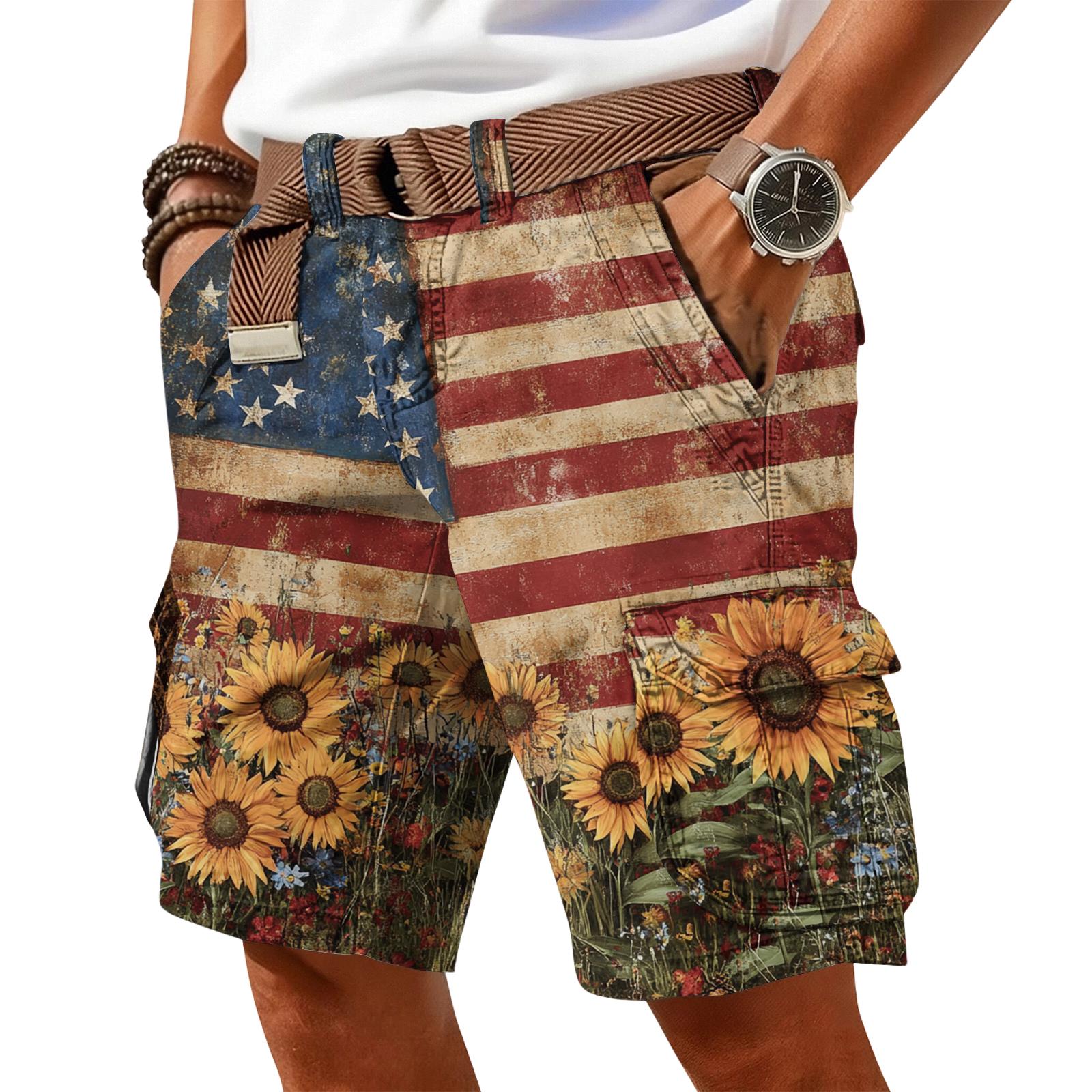 

Men Patchwork Print Cargo Shorts with Belt Multi Pattern Stripes Dots and Floral Design Relaxed Fit Casual Style XL жовтий