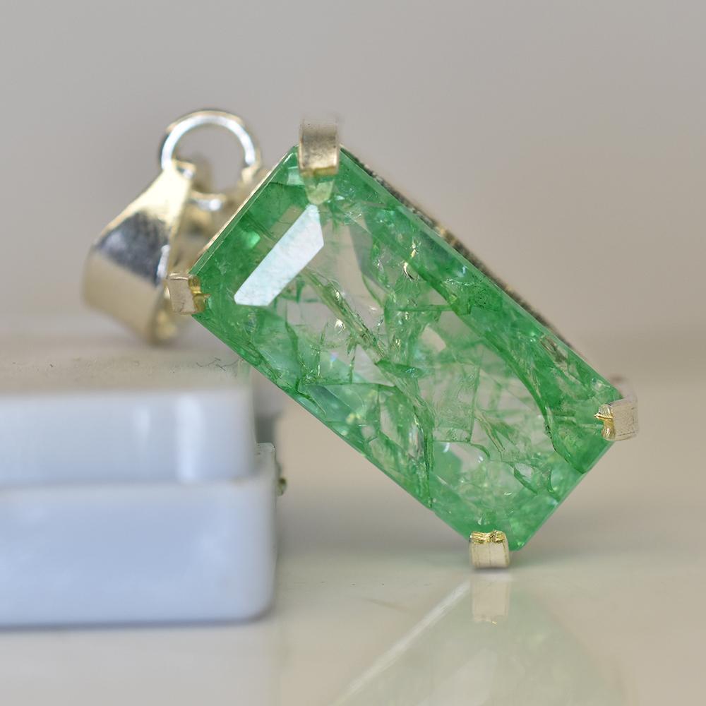 A+ CERTIFIED 45 Ct Natural Green Emerald 925 Sterling Silver Emerald Cut Pendant MY.PD-179-NS