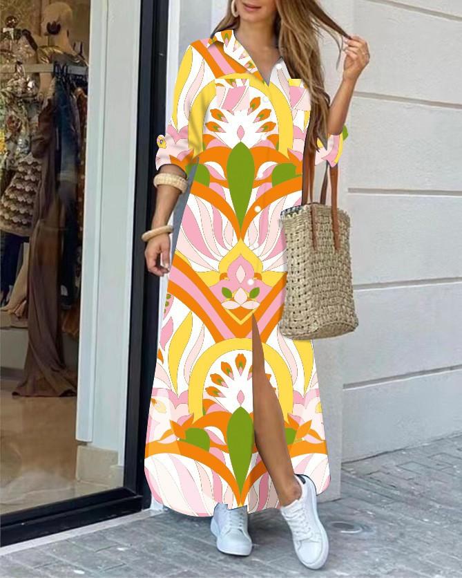 Fashion Long Sleeve Print Women Loose Fit Casual Maxi Dress