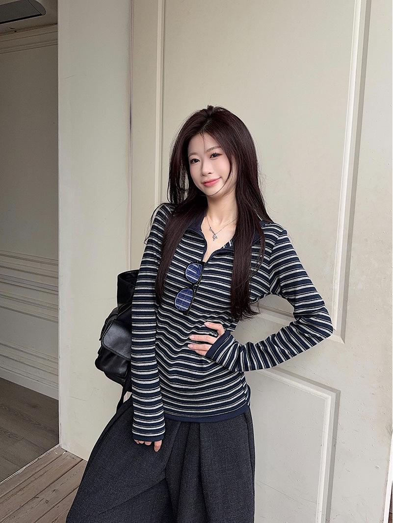 Женская полосатая приталенная футболка с капюшоном и длинным рукавом - Весна/Осень Корейско-американский стиль 92805 Small темно-синий