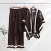 Elegante abito in maglia a tre pezzi con stampa floreale, autunno inverno, top in maglia e pantaloni a gamba larga, set casual da 3 pezzi con scialli per donna
