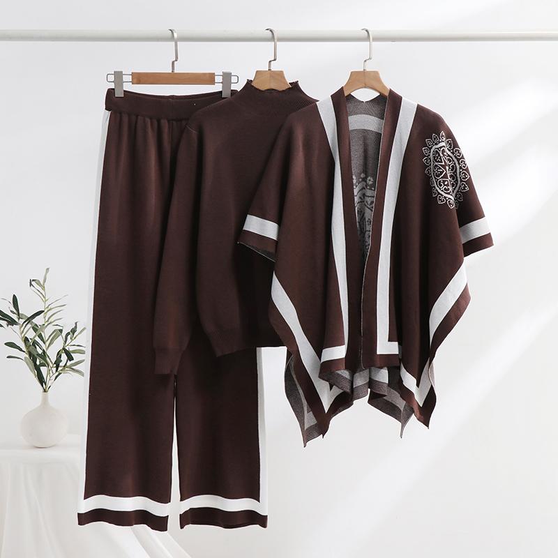 Elegante abito in maglia a tre pezzi con stampa floreale, autunno inverno, top in maglia e pantaloni a gamba larga, set casual da 3 pezzi con scialli per donna