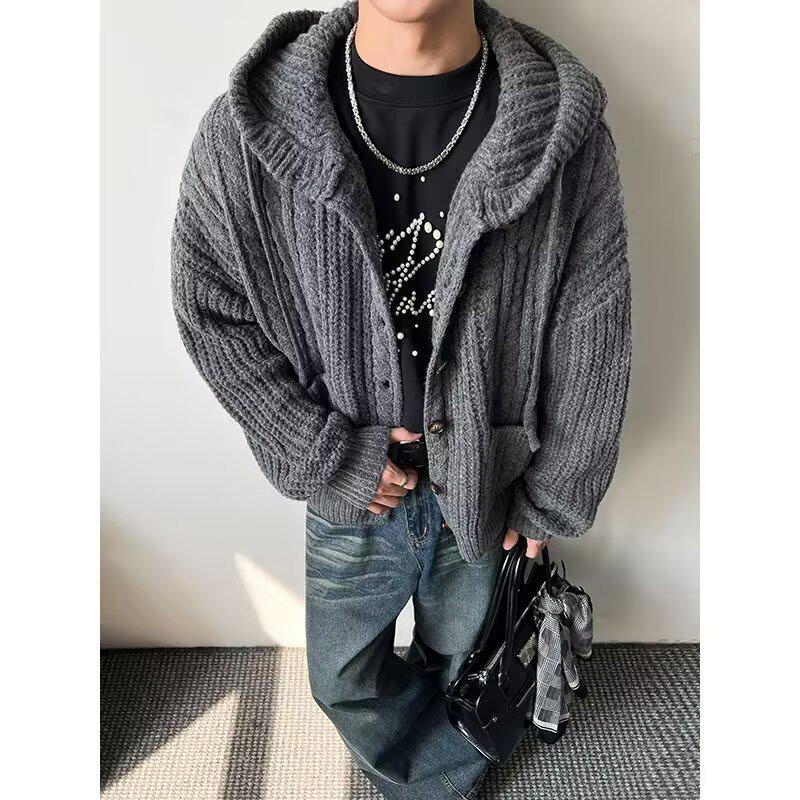 Men's Retro Chunky Knit Cardigan: Versatile Japanese Jacquard Sweater with Big Pockets.