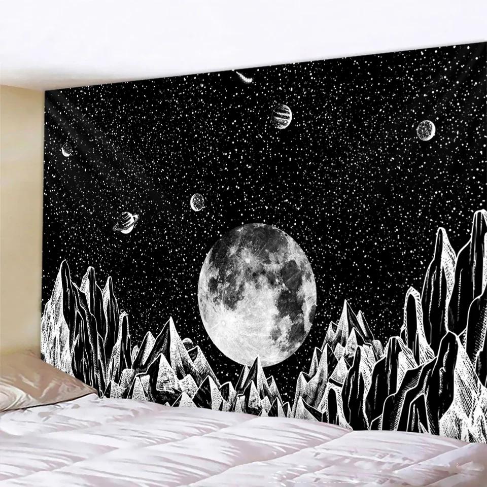 Black and White Moon Mandala Tapestry Bohemian Decoration Wall Hanging Bedroom Psychedelic Scene Starlight Art Home