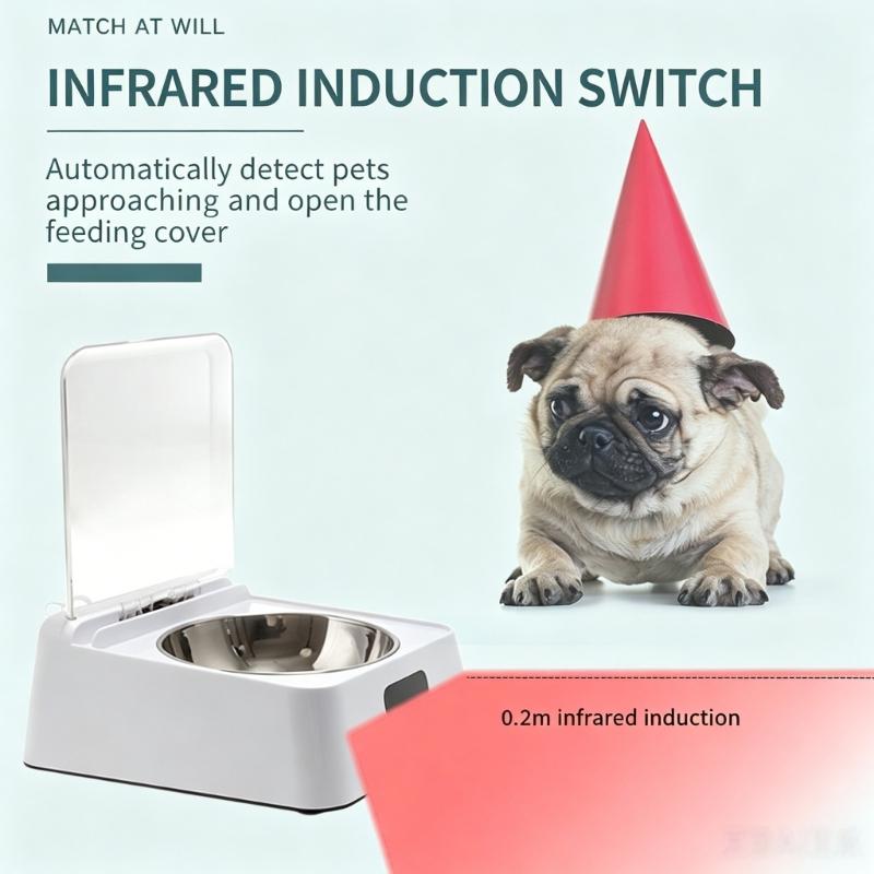 Covered Dog Bowl with Automatic Opening, Metal Inner Bowl, White ABS Housing, Daily Meal and Water Bowl with Lid Style Design for Regular Use