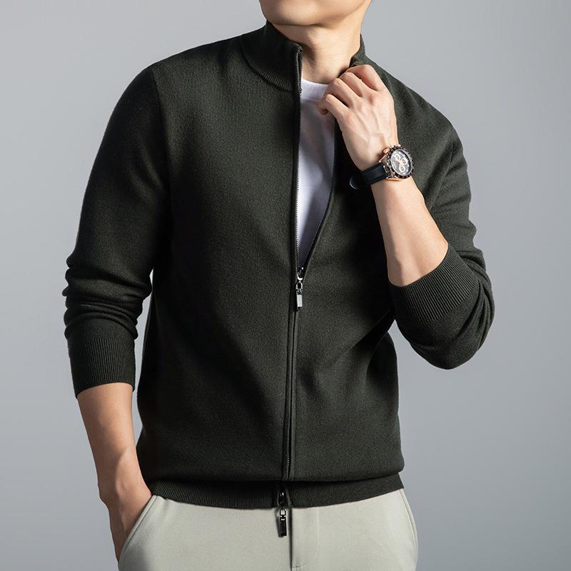 Men's 48-Count Double-Strand Wool Silk 16-Gauge Zipper Sweater Coat, Warm Thickened Knit Cardigan for Autumn/Winter