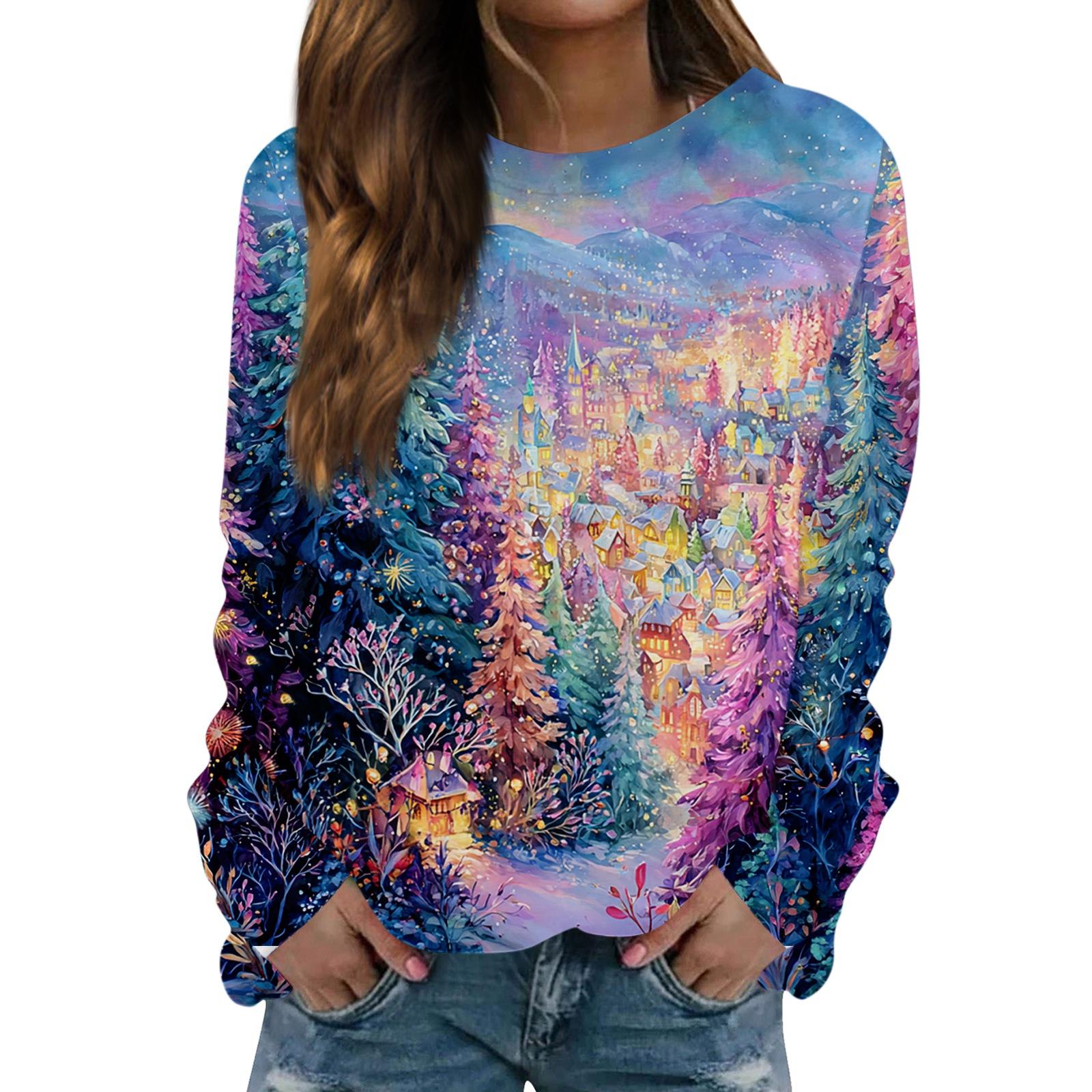 

Women s Fashionable Casual Long-sleeved Retro Christmas Snowman Print Round Neck Top XXL
