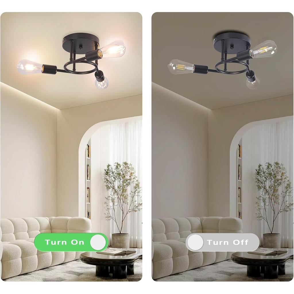 Semi Flush Mount Ceiling Light Metal Black Sputnik Chandelier 3 Light E27 Bulb Base Near Ceiling Light for Living Room Hallway