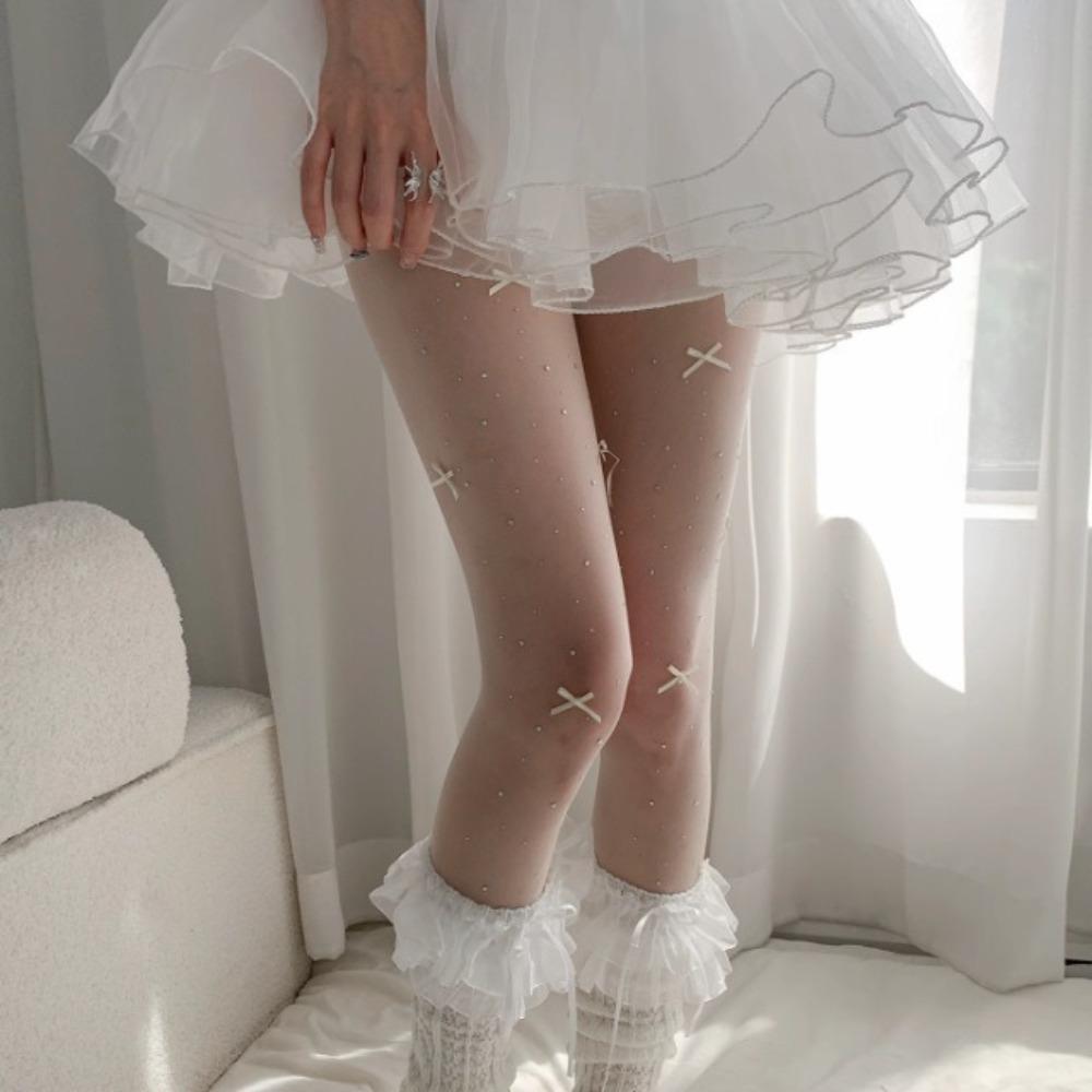 Sexy Shiny Diamond Bowkont Embroidery Tights Ultra-Thin Butterfly Knot Butterfly Knot Stockings JK Style Diamond Tights Girls