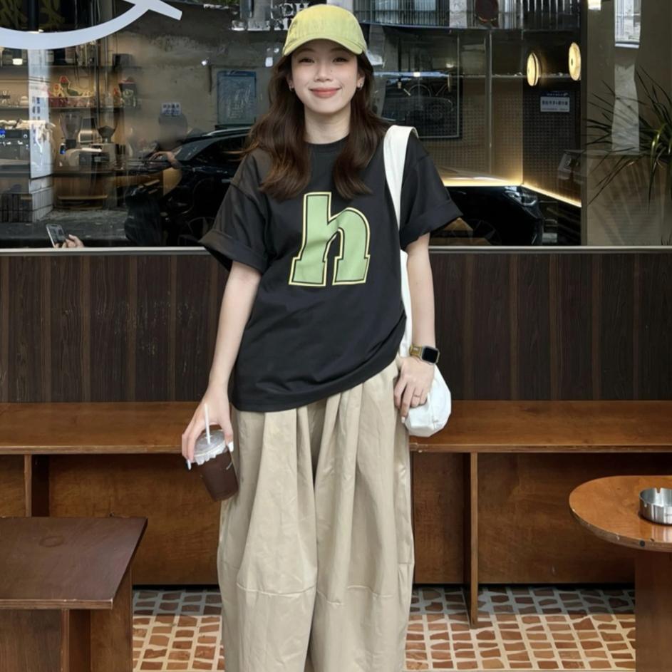 

Корейские винтажные черные футболки с коротким рукавом с буквенным принтом для женщин 2025 года, летняя повседневная свободная женская футболка, уличная футболка в стиле Харадзюку, женские топы y2k XXL слоновая кость