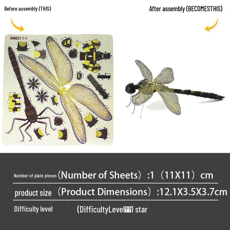 

3D Цельнометаллическая модель стрекозы - Нержавеющая сталь, Механический пазл насекомого без клея