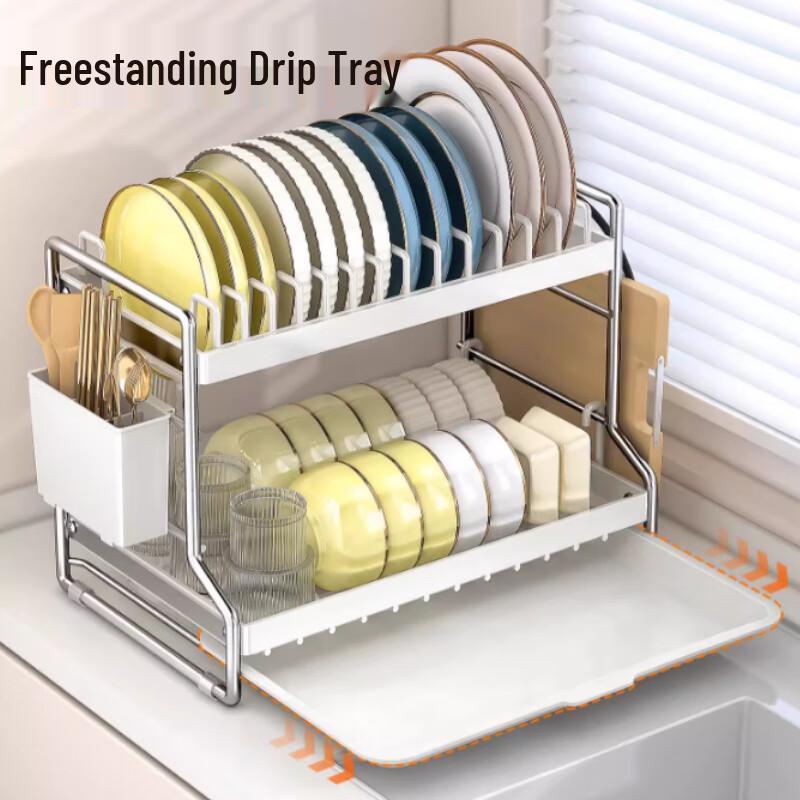 3-Tier Carbon Steel Countertop Dish Drying Rack with Utensil Holder