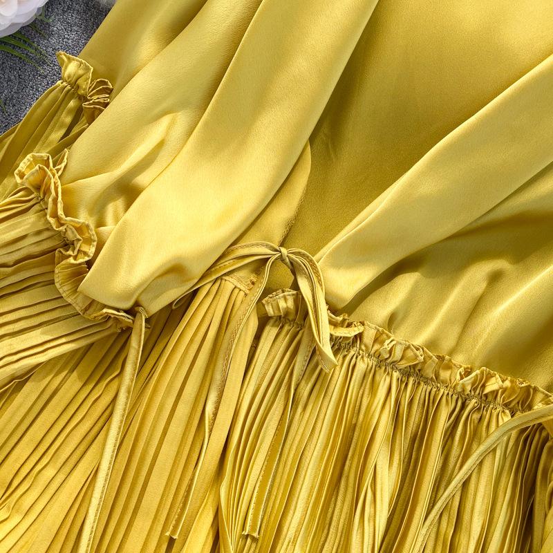 Wiosenno-jesienna bluzka damska z dekoltem w kształcie litery V, siedmiopunktowy, rozszerzany rękaw, wiązanie w talii cienki, plisowany, marszczony, jednoczęściowy top koszulowy