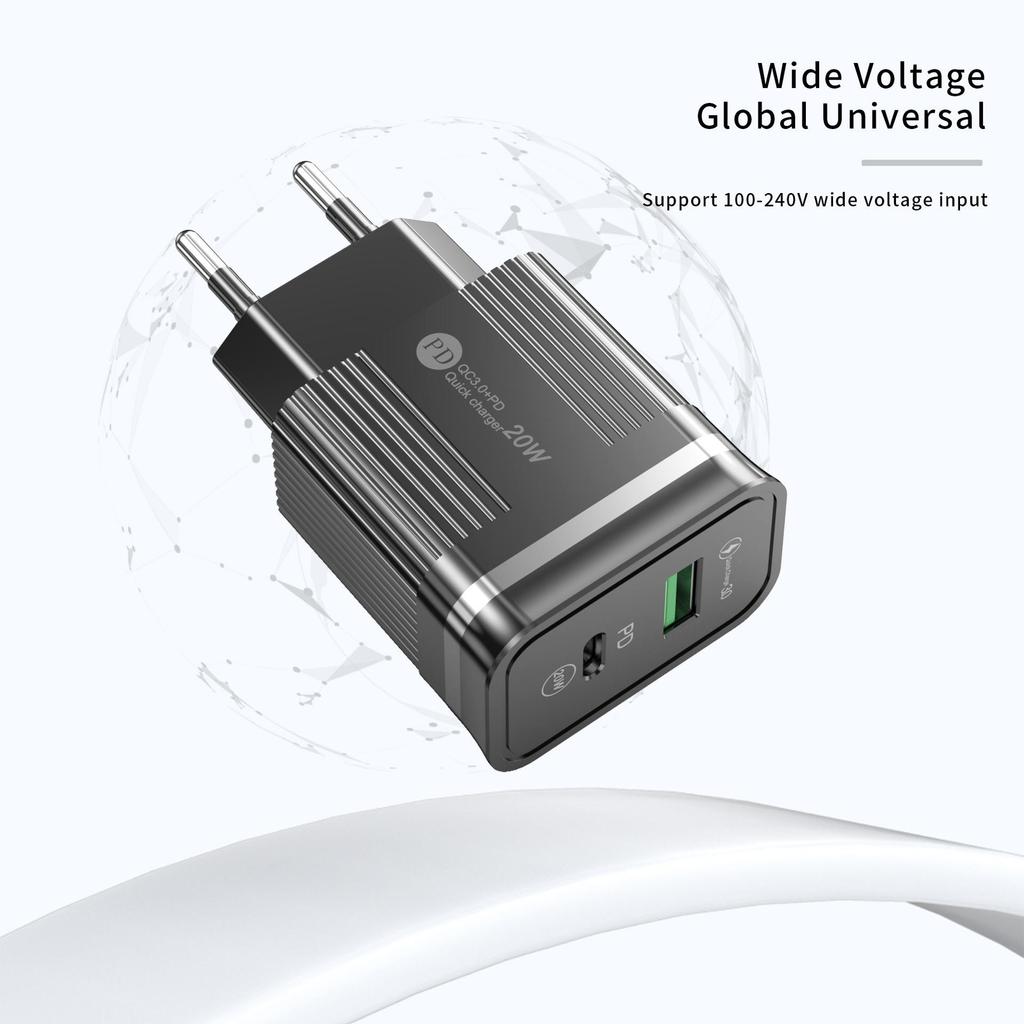 PD+USB Dual Port Fast Charger: US/EU Type-C Adapter