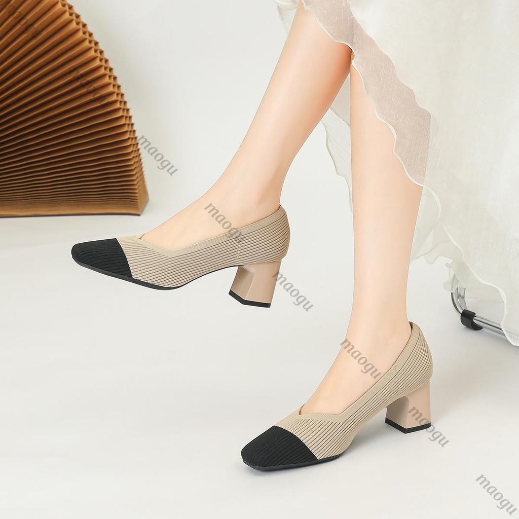 Buty Damskie Wysokie Obcasy Wygodne Kwadratowe Dzianinowe Oddychające Wygodne Damskie Baleriny (5 cm Wysoki) Kolekcja 2025