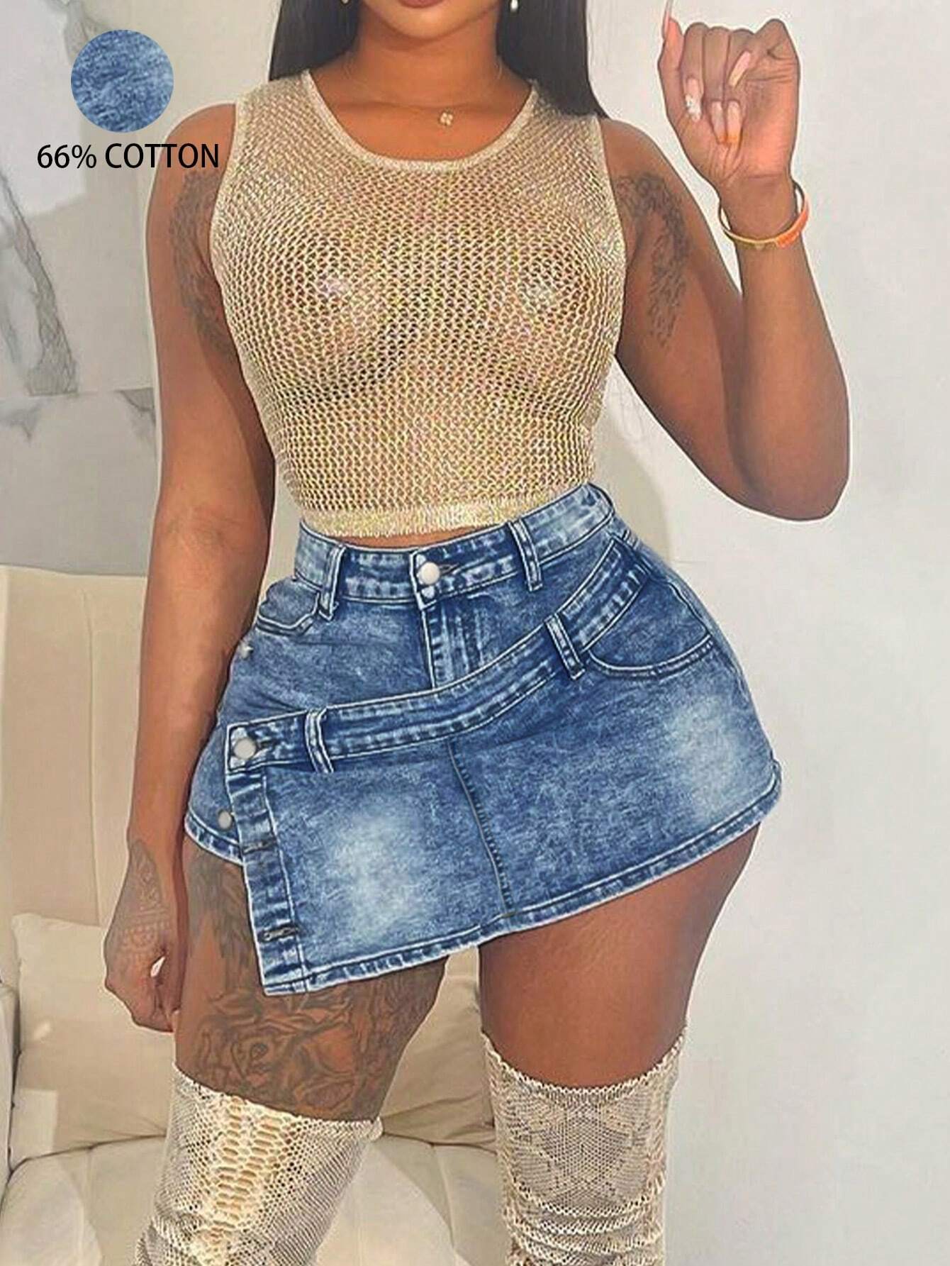 

Rose Beauty A Женская Y2K Rave Vintage Средняя талия Стирка Отделка на пуговицах Запах Асимметричный подол Мини-юбка из денима Узкая сексуальная юбка-брюки S