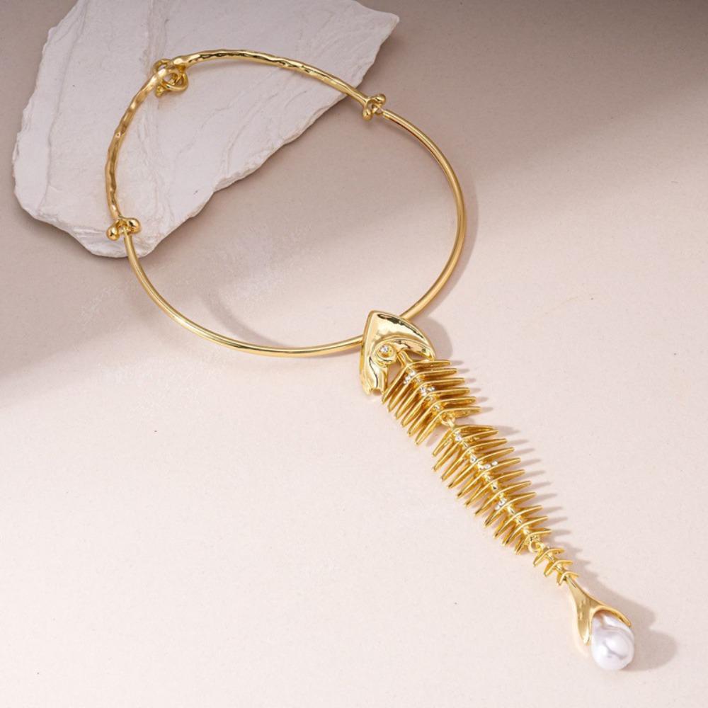 Zink Zinklegering Stor Fiskeknoglet Vedhæng Choker Halskæde Nyhed Design Fiskeknoglet Halskæde Til Kvinder