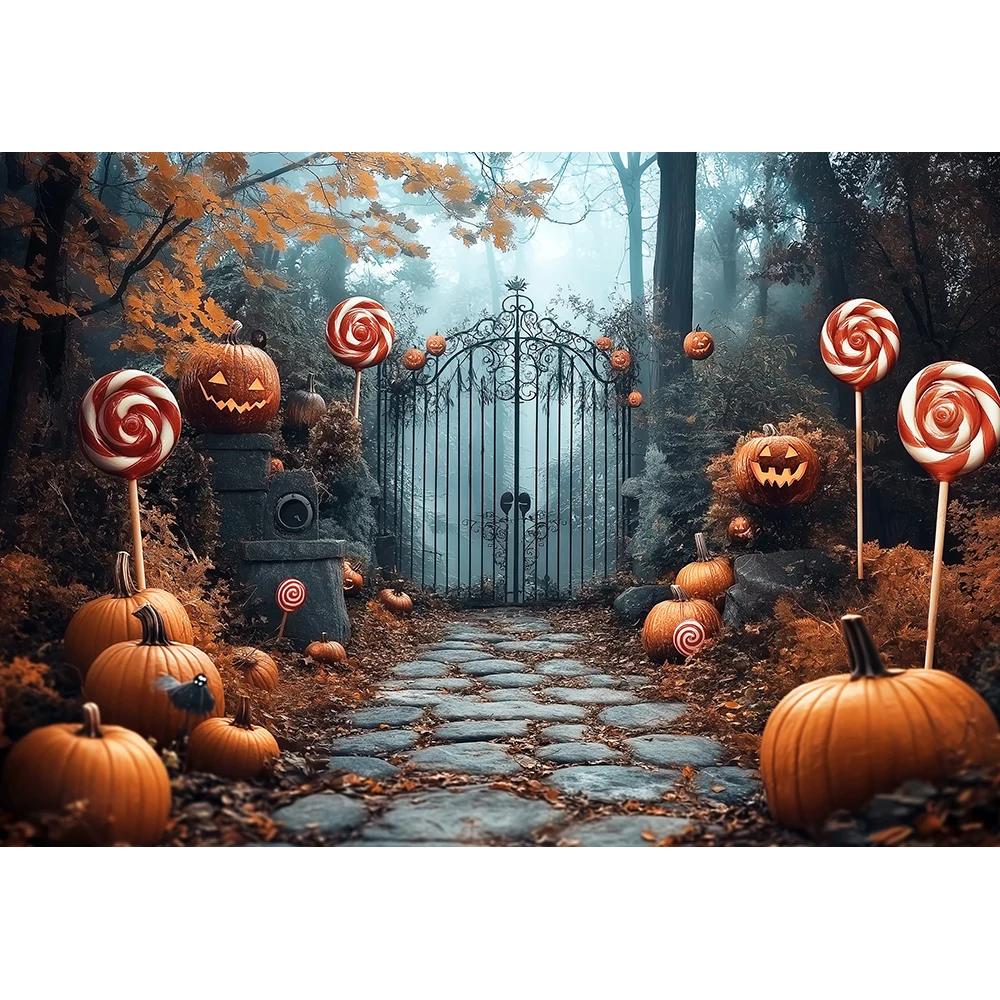 Candyland Pumpkins Gothic Gate Backdrops Kids Adult Photography Child Baby Photocall Halloween Autumn Magical Forest Backgrounds