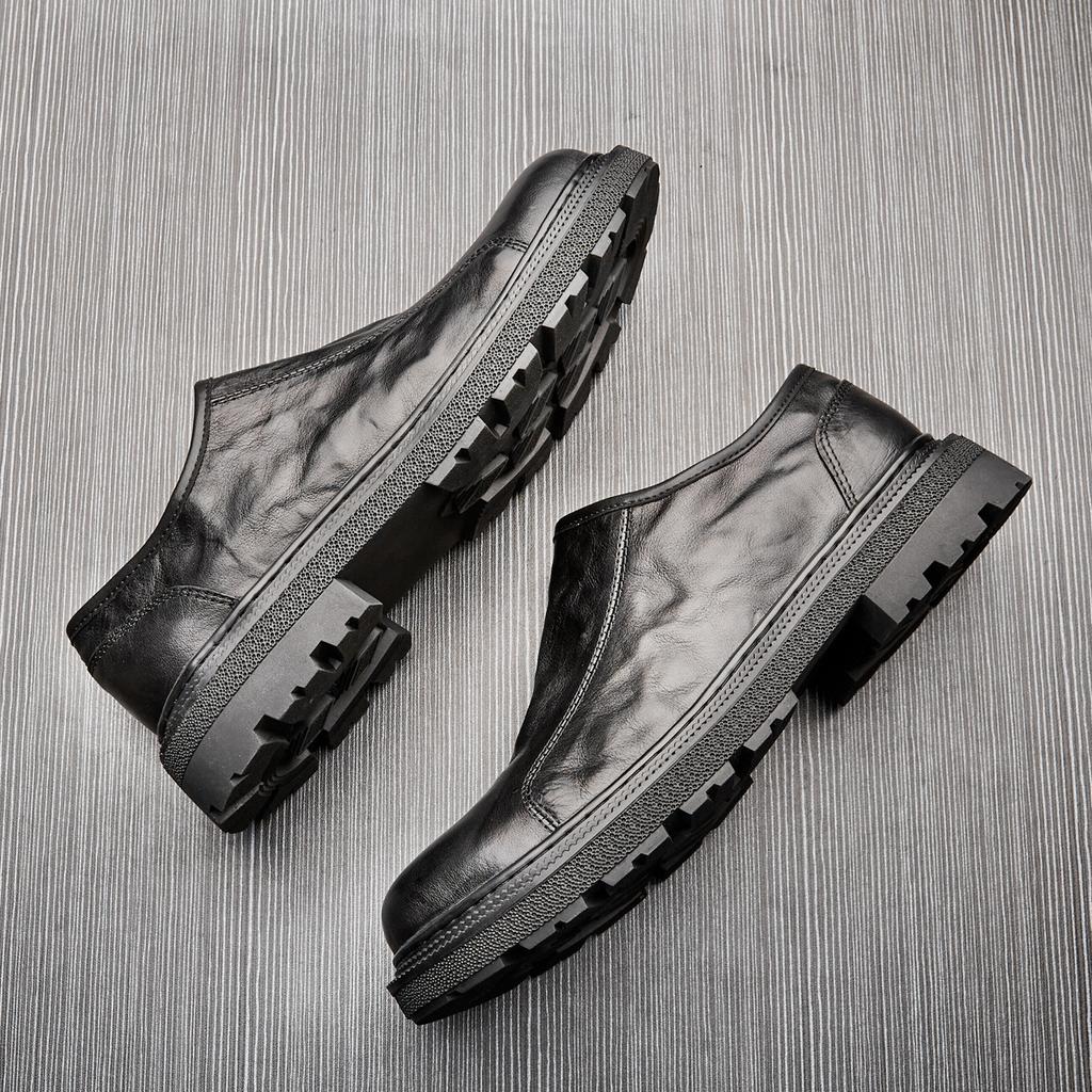 Lässige Lederschuhe mit großem Kopf Herren-Trend Vielseitige Leder-Rundkopf-Plateau-Reißverschluss Weiches Leder Business Blaue Einzelne Schuhe Herren