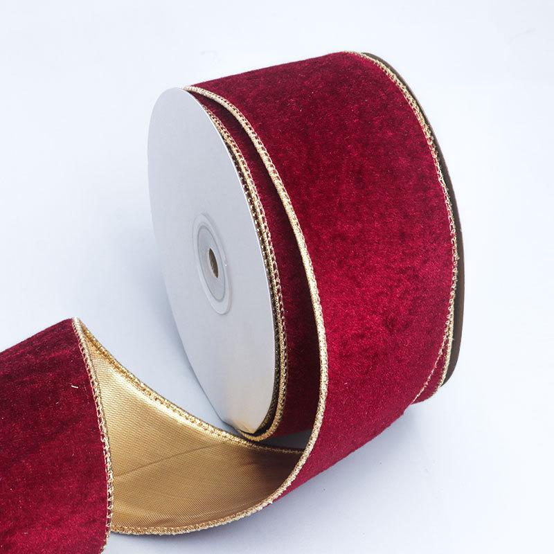 5cm 10 Yards Solid Color Christmas Tree Wrapping Decorative Ribbon Christmas Wire Gold Border Velvet Ribbon Decoration Tie