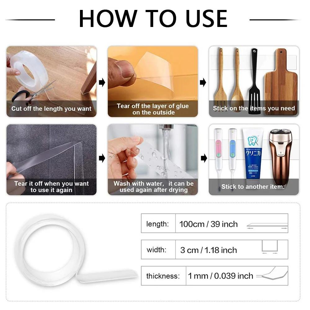 Clear Double-Sided Adhesive Tape Washable Reusable Strong No Residue Home Office Kitchen Decor Anti Slip