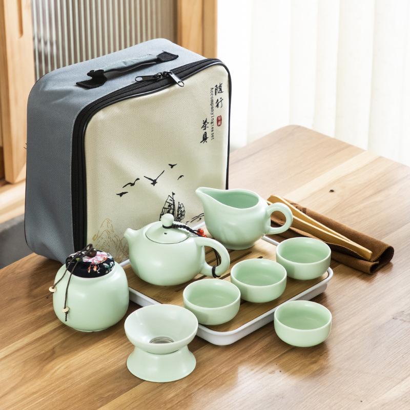 Chinese Kung Fu Travel Set, Ceramic Portable Teapot,Travel Tea Set Portable Outdoor Kung Fu Ceramic Teapot Plate Set