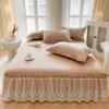 Pink Blue Silk Bed Skirt Single Piece Bedspread Hollowed Out Lace Non Slip with Strap Solid Colour Lace Bed Sheet