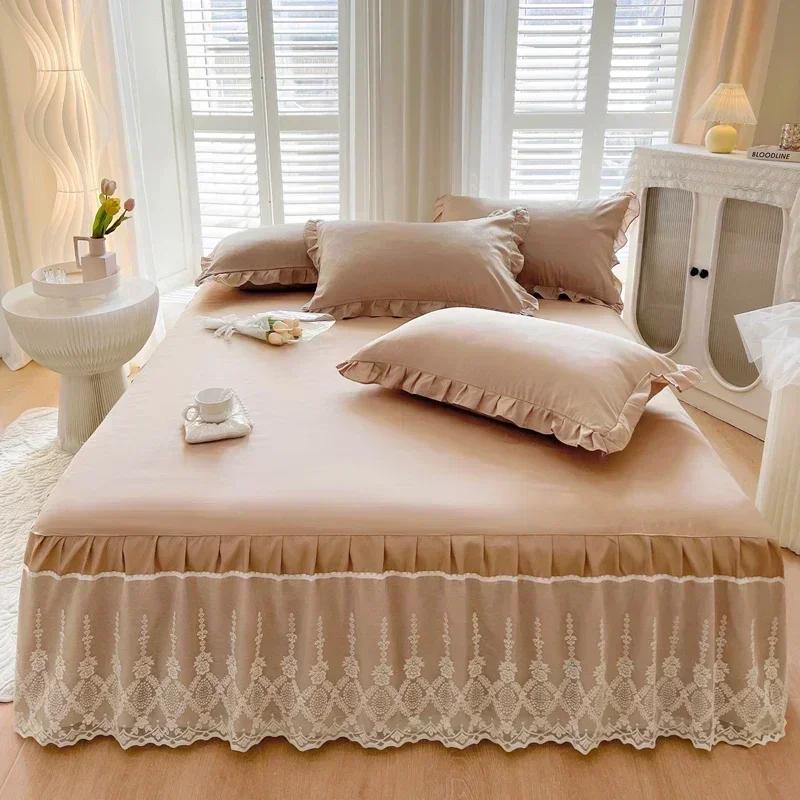 Pink Blue Silk Bed Skirt Single Piece Bedspread Hollowed Out Lace Non Slip with Strap Solid Colour Lace Bed Sheet