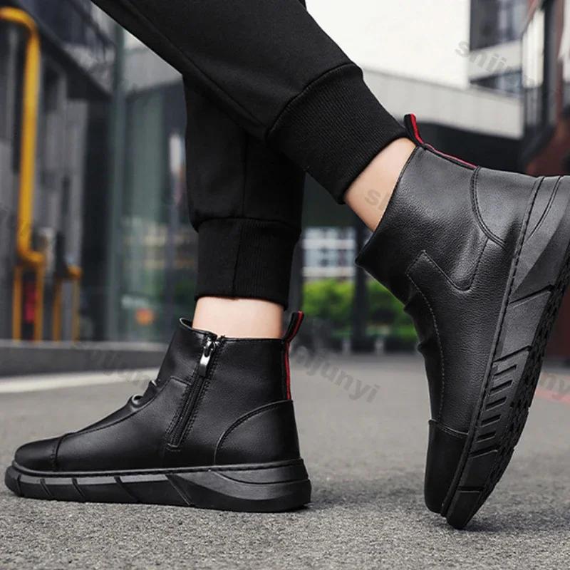 Men's Fashion High Top Leather Ankle Boots Men Autumn Winter Trends Black Flats Botas Outdoor Man Comfortable Casual Sneakers