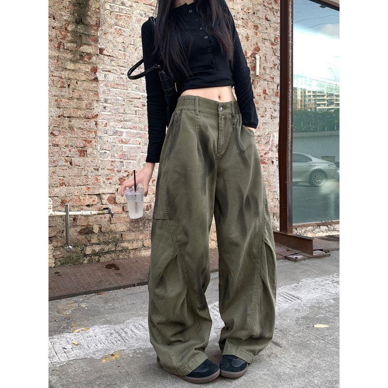 

Kumikumi American Retro Tie Dye High Waist Denim Female Autumn Loose Easiest for Match Green Matchet Pants Cargo Pants Green XL