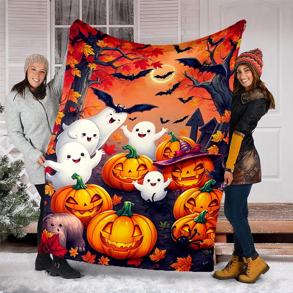 1pc Ghosts and Pumpkins Print Outdoor Blanket, Lightweight Polyester,