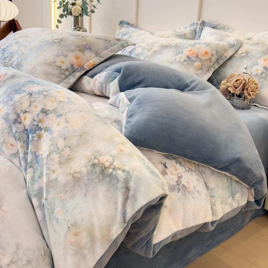Thickened Milk Fleece Bed Four-Piece Set Double-Sided Fleece Quilt Cover Bed Sheet Coral Flannel Bedding