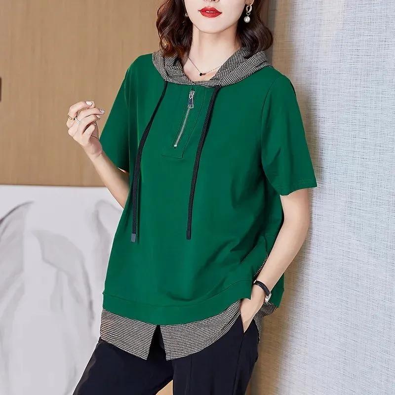 Pure Cotton Large Size Women's Short-sleeved Summer High-end Loose Hooded Cotton Top