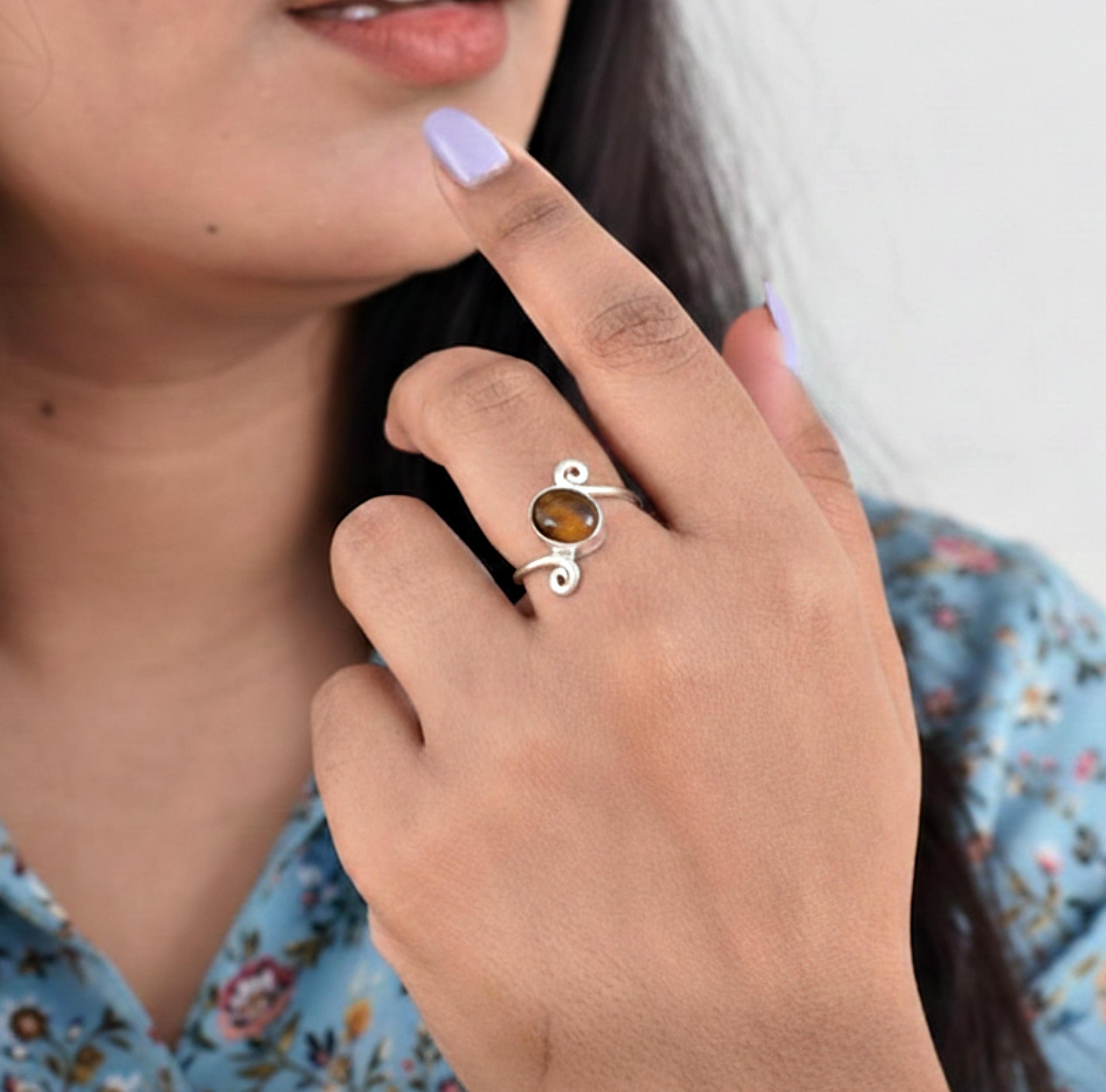 

Handcrafted Tiger Eye Statement Ring, 925 Sterling Silver, Everyday Wear Minimalist Ring 12 серебряный