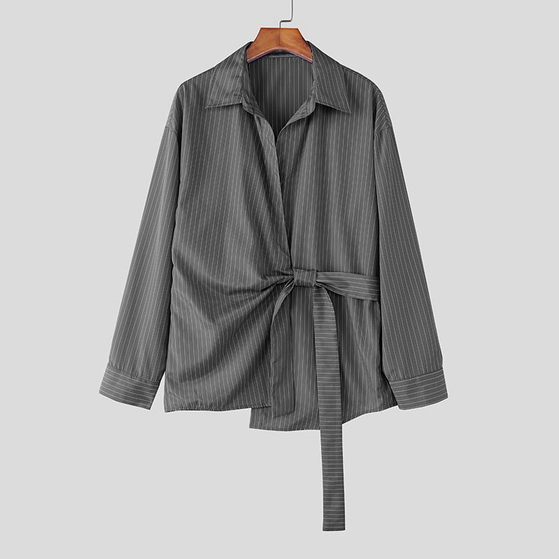 INCERUN Men Spring Turn Down Collar Long Sleeve Side Twisted Striped Print Shirts Tops