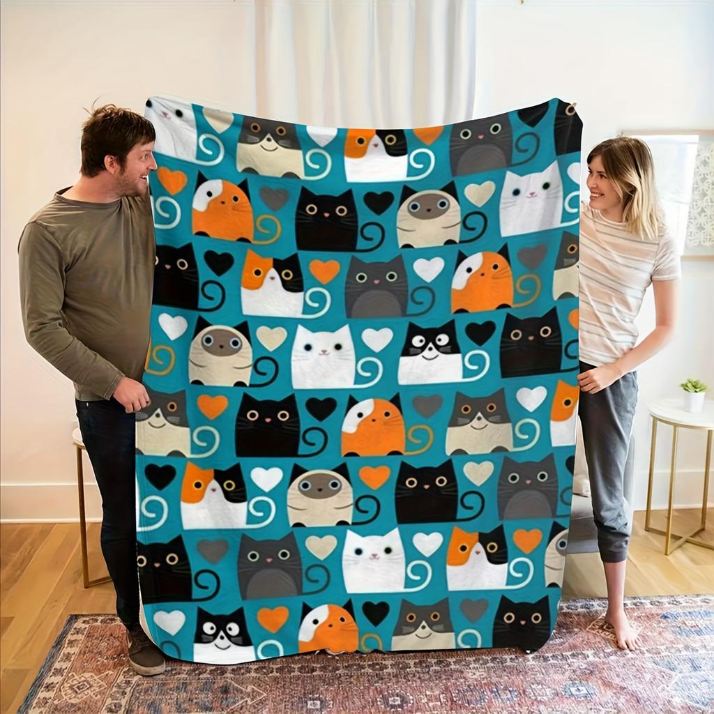 Cute Kitten Collection Flannel Blanket, Printed with Various Cat Images And Heart Elements, Fresh And Healing, Unisex, Suitable for Office Nap, Sofa L