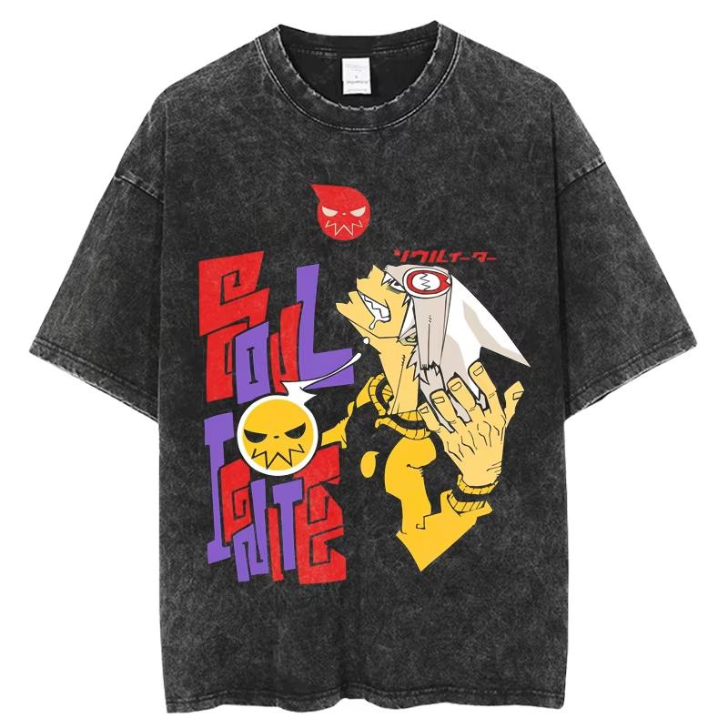 Japan Anime Soul Eater Printed T Shirt Men Washed Cotton Tshirts Casual Loose Manga Tee Harajuku Male Street Vintage T-shirt Top